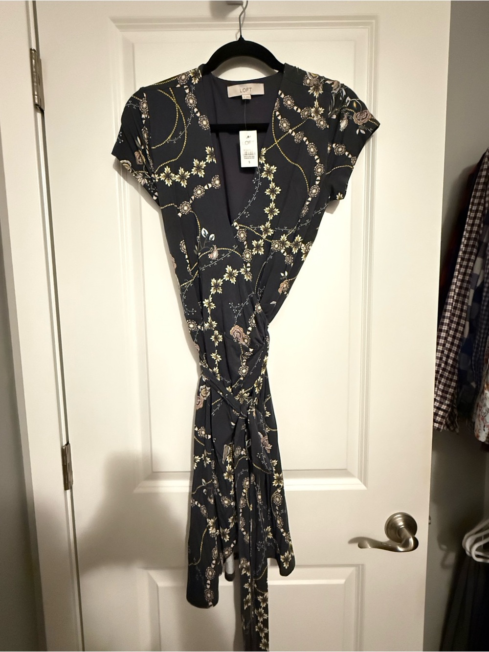 LOFT Navy Floral Wrap Midi Dress with Cream & Gold Accents